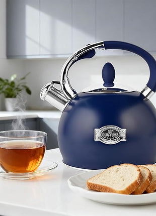 SUSTEAS Stove Top Whistling Tea Kettle - Food Grade Stainless Steel Teakettle Teapot with Cool Touch Ergonomic Handle, With 1 Silicone Pinch Mitt Included, 2.64 Quart,NAVY BLUE