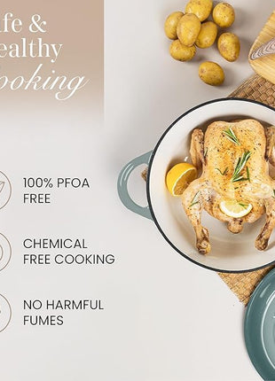 Nuovva Enamelled Cast Iron Dutch Oven Pot with Lid 6.4 Quart Non Stick Casserole Pot – Heavy Duty & Oven Safe up to 500° F for Bread Baking, Braising, Stews, Roasting – 28cm Sea Salt