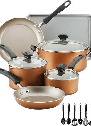Farberware Cookstart DiamondMax Nonstick Cookware/Pots and Pans Set, Dishwasher Safe, Includes Baking Pan and Cooking Tools, 15 Piece - Copper