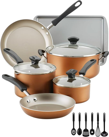 Farberware Cookstart DiamondMax Nonstick Cookware/Pots and Pans Set, Dishwasher Safe, Includes Baking Pan and Cooking Tools, 15 Piece - Copper