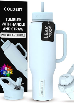 Coldest Tumbler with Handle and Straw - 100% Leak Proof Insulated Tumbler with Lid and Straw (3 Lids) - Stainless Steel Tumblers for Women & Men - Cup Holder Friendly Base, 46 oz (Morning Mist)