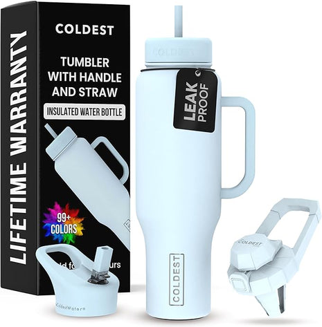Coldest Tumbler with Handle and Straw - 100% Leak Proof Insulated Tumbler with Lid and Straw (3 Lids) - Stainless Steel Tumblers for Women & Men - Cup Holder Friendly Base, 46 oz (Morning Mist)