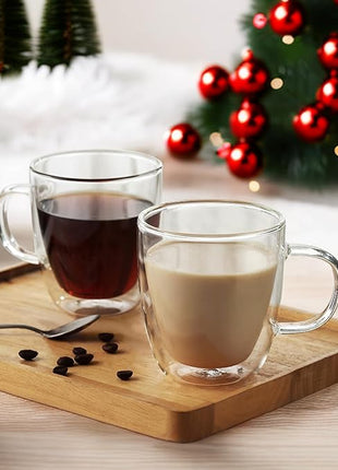 CNGLASS Large Glass Coffee Mugs 17oz,Double Walled Insulated Clear Coffee Cups with Handle,Clear Espresso Mugs for Cappuccino,Latte,Tea Bags,Hot and Cold Beverages,Set of 4