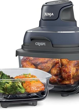 Ninja Crispi 4-in-1 Portable Glass Air Fryer Cooking System, 1500W, 4QT & 6-Cup TempWare Glass Containers with Storage Lids, Microwave, Freezer & Dishwasher Safe, Cyberspace Gray, FN101GY