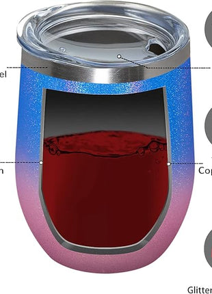 MEWAY 12oz/16 Pack Wine Tumbler Glasses with Lid - Stemless Double Wall Vacuum Stainless Steel Glitter Tumbler - Keeping Cold & Hot Cup for Coffee,for Women(Gradient Pink,Set of 16)