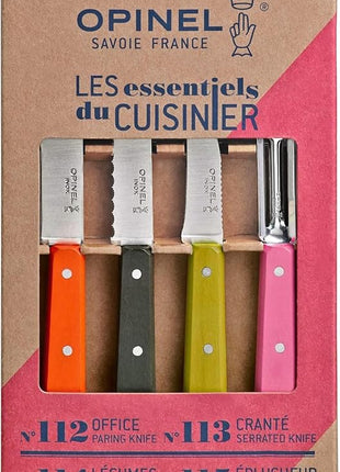Opinel Les Essentials Small Kitchen 4 Piece Knife Set - Paring Knife, Serrated Knife, Peeler, Vegetable Knife, Corrosion Resistant High Carbon Steel, Made in France (50s)