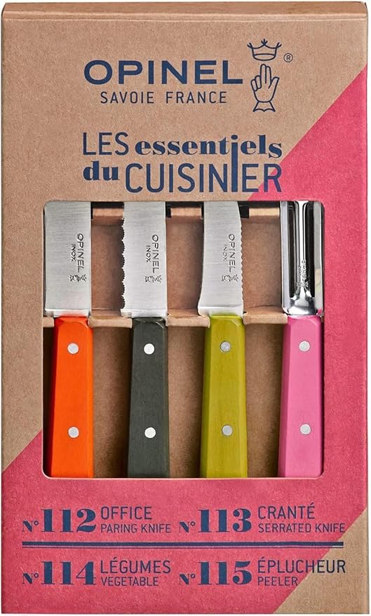 Opinel Les Essentials Small Kitchen 4 Piece Knife Set - Paring Knife, Serrated Knife, Peeler, Vegetable Knife, Corrosion Resistant High Carbon Steel, Made in France (50s)