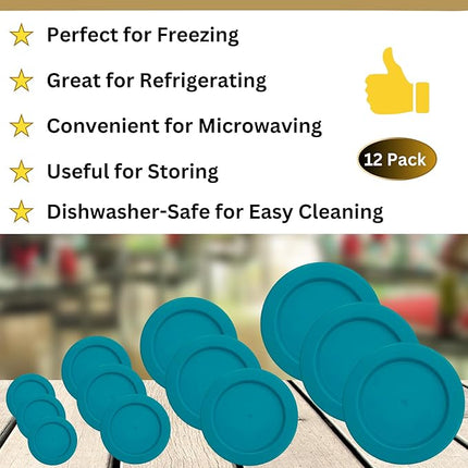 1, 2, 4 & 7 Cup Turquoise Replacement Lids/Covers for Pyrex, Anchor Hocking & KlareWare Storage Bowls *Lids Only Glass Container Not Included* (12 Pack *Three of Each Size*)