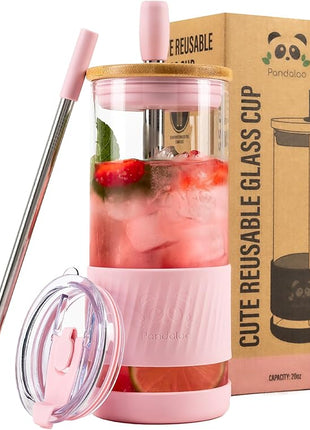 Pandaloo® Glass Cups With Lids and Straws -20 Fl Oz- Perfect Size Iced Coffee Cup - Smoothie Cup With Bamboo Lid and On the go Lid - Glass Tumbler With Straw (1 Count (Pack of 1), Tender Pink)