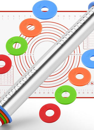 Rolling Pin nonstick and Silicone Baking Pastry Mat combo kit, Adjustable Rolling Pin With Thickness Rings for Baking Fondant, Pizza, Pie, Pastry, Pasta, Dough, Cookies (red)