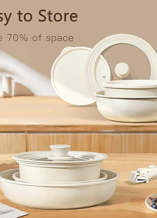 GiPP Ceramic Pots and Pans Set Non Stick, Nonstick Detachable Handle Cookware Sets, Healthy Non Toxic PFAS PFOA & PTFE Free, Dishwasher ＆Oven Safe, Induction Kitchen Pot and Pan, 15 Piece Cream