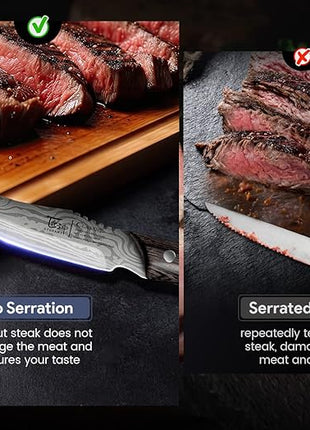 Steak Knives Set of 6, 4.8 Inch Carbon Steel Japanese Style Non-Serrated Meat Knife with Damascus Pattern, Ergonomic Full-Tang Non-Slip Wooden Handle, Thanksgiving Christmas Cooking Gifts