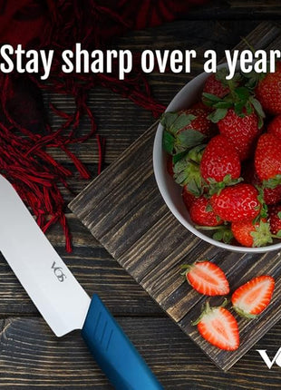 Vos Ceramic Knife Set in Elegant Gift Box, Ceramic Knives Set For Kitchen, Ultra Sharp Kitchen Knife Set with Covers, 4" 5" 6" Paring, Santoku & Chef Knife, Lightweight, Dishwasher safe (Blue Handle)