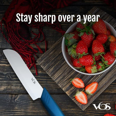 Vos Ceramic Knife Set in Elegant Gift Box, Ceramic Knives Set For Kitchen, Ultra Sharp Kitchen Knife Set with Covers, 4" 5" 6" Paring, Santoku & Chef Knife, Lightweight, Dishwasher safe (Blue Handle)