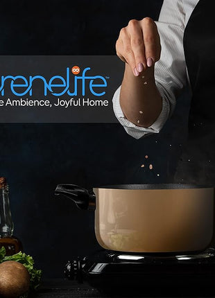 SereneLife Kitchenware Pots & Pans Basic Kitchen Cookware, Black Non-Stick Coating Inside, Heat Resistant Lacquer (15-Piece Set), One Size, Gold