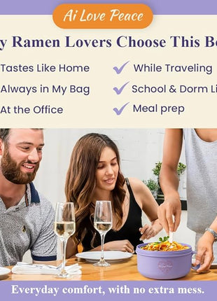 AI LOVE PEACE Ramen Bowl, 40 oz Microwaveable Noodle Cooker for Ramen, Pho, Soup, and Pasta, Dishwasher Safe and Portable, Ideal for Home, Office, Dorm, or Gift (Purple)
