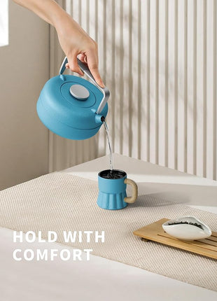 Toptier Teapot with Removable Infuser, Cast Iron Tea Kettle Stovetop Safe, Solid Geometry Cylinder Design Tea Pot Coated with Enameled Interior for 27 Ounce (800 ml), Blue