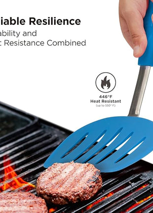 Kitchen Mama WaltzGrip Platinum Silicone Pancake Spatula Turner: Heat Resistant Flexible, Stainless Steel Core, Nonstick, Dishwasher Safe, Flipper – Ideal Kitchen Cookware for Eggs, Fish, Meat (Blue)