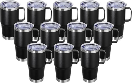 20 oz Stainless Steel Tumbler with Handle Metal Insulated Coffee Travel Mug with Handle Double Wall Tumbler Cup with Lid and Straw, 12 packs(1, NEW Black)