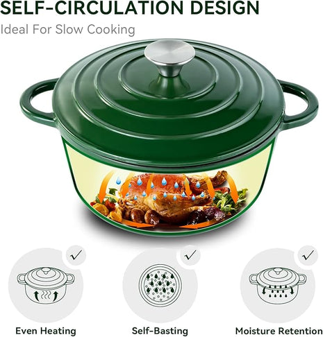 Miereirl 4.5 Quart Enameled Dutch Oven Pot with Lid, Cast Iron Dutch Oven with Dual Handles for Bread Baking, Cooking, Non-stick Enamel Coated Cookware (Green)