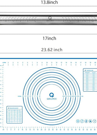 Rolling Pin and Pastry Baking Mat Set, Rolling Pins with Adjustable Thickness Rings, Stainless Steel Dough Roller for Baking Fondant, Pizza, Pie, Pastry, Pasta, Cookies (Blue)