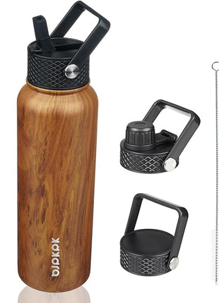 BJPKPK Insulated Water Bottles with Straw Lid, 40oz Stainless Steel Water Bottles with 3 Lids, BPA Free Leakproof Thermo, Tumblers, Cups for Sports, Gym- Teakwood