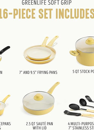 GreenLife 16 Piece Nonstick Cookware Set, Soft Grip Non-Toxic PFAS-Free Ceramic Pots & Pans, Dishwasher & Oven Safe, Frying, Sauce, Saute, Utensils, Glass Lids, Stay-Cool Handles, Wobble Free, Yellow