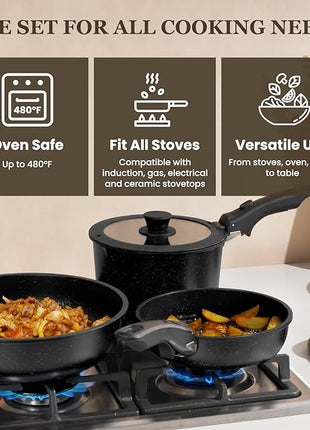 KIKCOIN 20 Pcs Pots and Pans Set Non Stick, Detachable Handle Cookware Sets Nonstick, Non Toxic Induction RV Kitchen Cooking Set with Removable Handles, Dishwasher/Oven Safe, Easy Clean (Black)