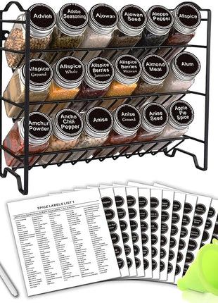 SWOMMOLY Spice Rack Organizer with 18 Empty Square Spice Jars, 396 Spice Labels with Chalk Marker and Funnel Complete Set, Spice Organizer for Countertop, Cabinet or Wall Mount, Black