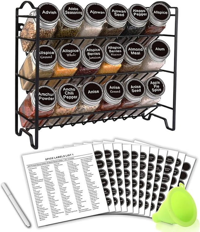 SWOMMOLY Spice Rack Organizer with 18 Empty Square Spice Jars, 396 Spice Labels with Chalk Marker and Funnel Complete Set, Spice Organizer for Countertop, Cabinet or Wall Mount, Black