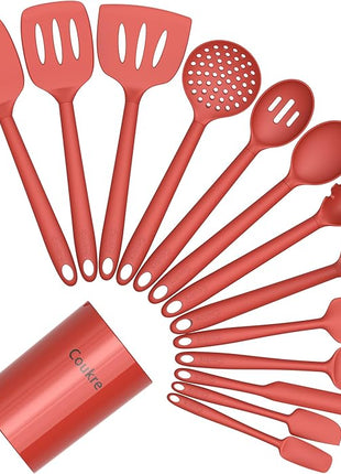 Coukre Silicone Kitchen Cooking Utensils Set with Holder – Heat-Resistant, Food-Grade Kitchen Tools, Spatula, Spoon & Gadgets for Non-Stick Pans, Dishwasher Safe (14, PureRed)