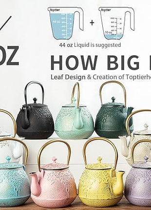Toptier Tea Kettle for Stove Top, Cast Iron Teapot Stovetop Safe with Infusers for Loose Tea, 54 oz, Light Green