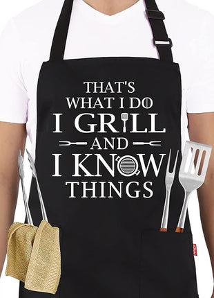 Funny Grilling Aprons for Men - BBQ Cooking Apron with 2 Pockets, Adjustable Neck Strap and 40" Long Ties - That's What I Do I Grill and I Know Things