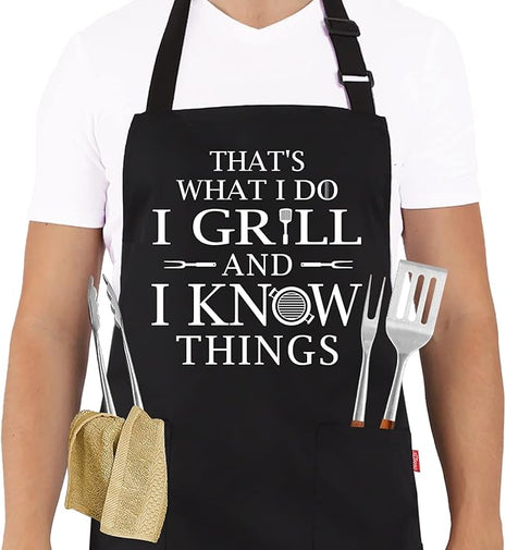 Funny Grilling Aprons for Men - BBQ Cooking Apron with 2 Pockets, Adjustable Neck Strap and 40" Long Ties - That's What I Do I Grill and I Know Things