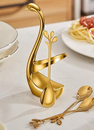 AnSaw Gold Small Coffee Spoon Holder Set,Swan Base With 10 Pcs Demitasse Espresso Spoons Set,4.7" Mini Leaf Dessert Spoon,Stainless Steel Tea Spoons