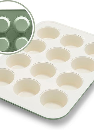 GreenLife 12-Cup Muffin Pan, PFAS-Free Healthy Nonstick Baking Tray, 11.4" x 1.9" x 15.9", Durable Ceramic Bakeware, Cupcakes, Egg Bites, Tarts, Brownies, Sage