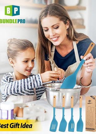 Pack of 4 Silicone Kitchen Utensils Set, Non Stick Solid Spatulas and Heat Resistant Slotted Spoons with Wooden Handle, Ideal BPA Free Cooking Utensils for Mixing,Serving,Turning,Stirring(BLUE)