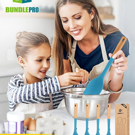 Pack of 4 Silicone Kitchen Utensils Set, Non Stick Solid Spatulas and Heat Resistant Slotted Spoons with Wooden Handle, Ideal BPA Free Cooking Utensils for Mixing,Serving,Turning,Stirring(BLUE)