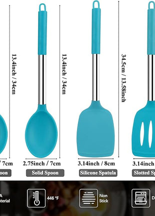 Silicone Spatula Spoon Set, 4 PCS Silicone Cooking Utensils Spatula Spoon Set with Stainless Steel Handle, BPA Free Kitchen Turners for Frying, Mixing, Serving, Draining, Turning, Stirring, Blue