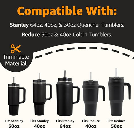 Jmoe USA 12" Replacement Straws for Stanley 40oz & 30oz Tumblers | Fits Reduce 50 oz & 40 oz Cold1 Tumblers | 6-Pack of Reusable Plastic Straws With Cleaning Brush | Food Grade & BPA Free (Black)