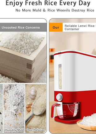 22-25 Lbs Rice Dispenser, Large Cereal Dry Food Storage Containers with Measuring Cup, BPA-Free Household for Kitchen Pantry Organization-Red