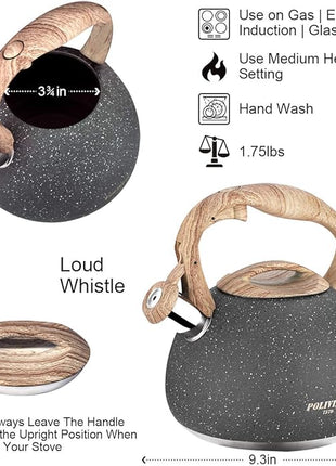 POLIVIAR Tea Kettle, 2.7 Quart Natural Stone Finish with Wood Pattern Handle Loud Whistle Food Grade Stainless Steel Teapot, Anti-Hot Handle and Anti-Rust, Suitable for All Heat Sources (JX2018-GR20)