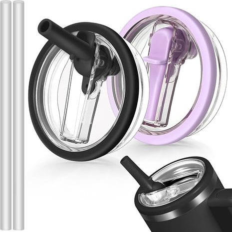 40oz Flip Straw Leak Proof Lid for Stanley H2.0 Quencher Protour Tumbler, 2 Pack Spill Proof Lid Replacement Straw Cover Top for 40 OZ Stanley Cup Accessories (Black, Purple)