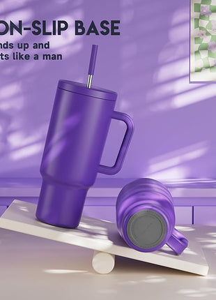 Meoky 40 oz Tumbler with Handle and Straw: Stainless Steel Insulated Tumbler with Lid and Straw - 100% Leak Proof Tumbler for Car Cup Holders - Travelers Commuters Workers, Purple