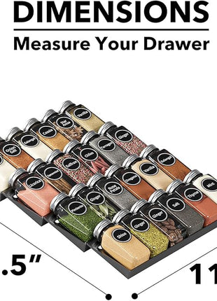 SpaceAid Spice Drawer Organizer with 24 Spice Jars, 386 Spice Labels, 4 Tier Seasoning Rack Tray Insert for Kitchen Drawers, 11.25" Wide x 17.5" Deep