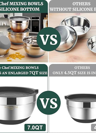 Umite Chef Mixing Bowls with Airtight Lids，6 piece Stainless Steel Metal Nesting Storage Bowls, Non-Slip Bottoms Size 7, 3.5, 2.5, 2.0,1.5, 1QT, Great for Mixing & Serving(Grey)