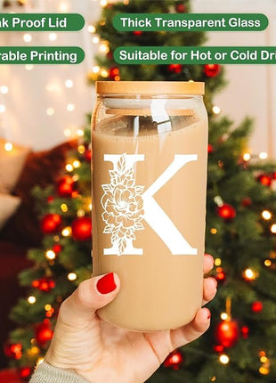 Coolife Initial Glass Cup, Monogrammed Gifts for Women, 16 oz Glass Cups w/Lids Straws, Iced Coffee Smoothie Beer Tumbler w/Straw Lid - Personalized Christmas, Birthday Gifts for Her Mom Friend Woman