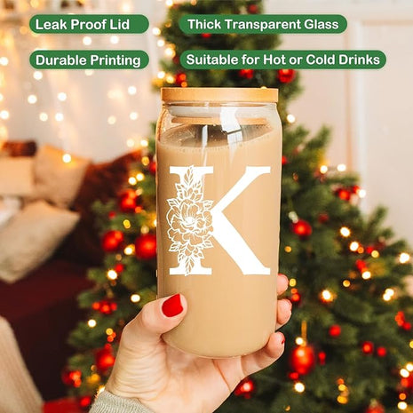 Coolife Initial Glass Cup, Monogrammed Gifts for Women, 16 oz Glass Cups w/Lids Straws, Iced Coffee Smoothie Beer Tumbler w/Straw Lid - Personalized Christmas, Birthday Gifts for Her Mom Friend Woman
