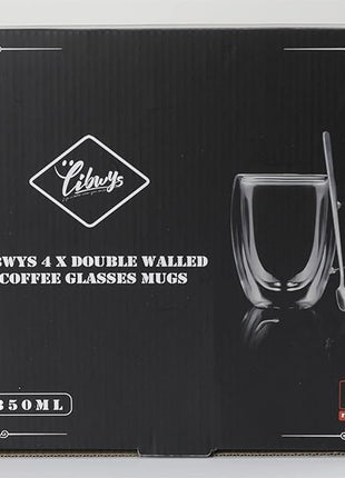 LIBWYS 4 Pack Double Walled Coffee Cups Glasses Mugs 12oz, Espresso Cappuccino Latte Tea Cups with Handle, Heat Resistant Borosilicate Clear Glasses 350ml