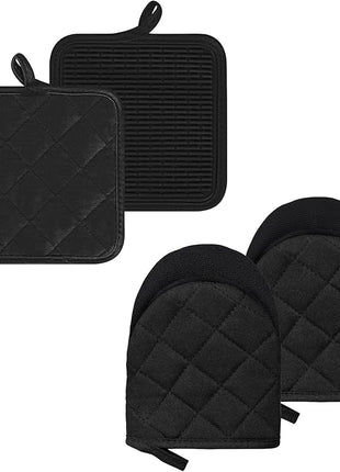 Oven Mitts and Pot Holders Set, Pack of 4, Heat Resistant Silicone Kitchen Mini Oven Mittens for 500 Degrees, Mini Oven Gloves and Hot Pads for Baking Grilling Barbecue Microwave Machine Washable